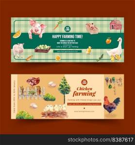 Farmer banner design with duck, pig, tree watercolor illustration,  