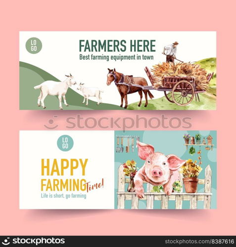 Farmer banner design with goat, grass, pig watercolor illustration,  
