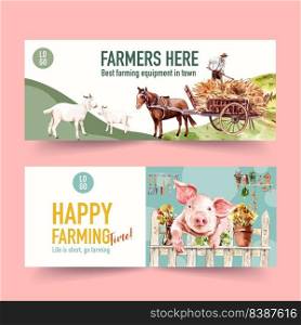 Farmer banner design with goat, grass, pig watercolor illustration,  