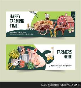 Farmer banner design with leaf, greenhouse, carrot watercolor illustration,  