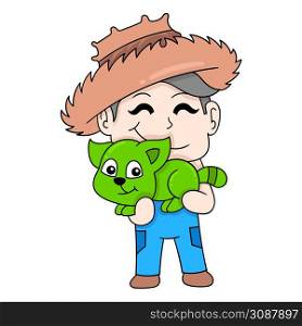 farmer boy is holding his pet cat happily