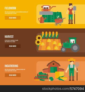 Farmer cartoon character fieldwork harvesting and farmland products ingathering flat horizontal banners set abstract isolated vector illustration