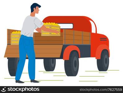 Farmer character holding wooden box with ripe apples, back view of male with box. Picking fresh product, agricultural work, transportation symbol vector. Picking apple concept. Flat cartoon. Auto with Picking Apples, Framer and Fruit Vector