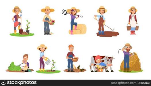 Farmer characters. Agriculture farmers, harvest worker and cow. Cartoon agricultural work, farm business people. Harvesting decent vector set. Illustration of farmer character, farming organic. Farmer characters. Agriculture farmers, harvest worker and cow. Cartoon agricultural work, farm business people. Harvesting decent vector set