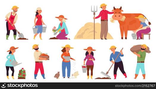 Farmer characters. Gardening working women, farmers in village work. Harvest seasons, isolated agriculture garden or plantation decent vector set. Illustration farm work, plant farming. Farmer characters. Gardening working women, farmers in village work. Harvest seasons, isolated agriculture garden or plantation decent vector set