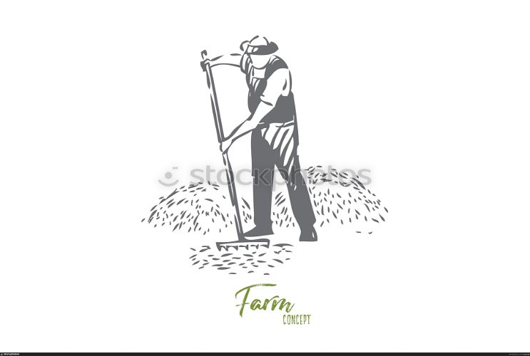 Farmer chores concept sketch. Farming business, rural economy, countryside lifestyle, faceless farm worker, villager raking hay or grass, agronomy, husbandry banner. Isolated vector illustration. Farmer chores concept sketch. Isolated vector illustration