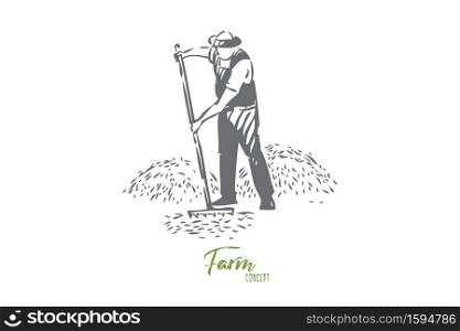 Farmer chores concept sketch. Farming business, rural economy, countryside lifestyle, faceless farm worker, villager raking hay or grass, agronomy, husbandry banner. Isolated vector illustration. Farmer chores concept sketch. Isolated vector illustration