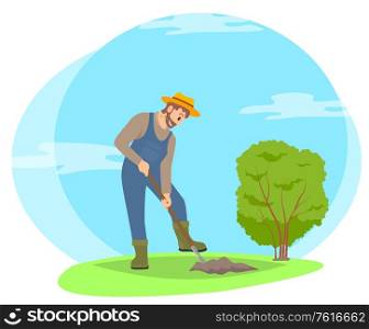 Farmer digging ground in garden vector cartoon icon. Man in straw hat and farming uniform working on farm with equipment, isolated on landscape badge. Farmer Digging Ground in Garden Cartoon Icon.