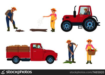 Farmer digging, planting man and woman. Tractor and car with trailer for transportation, male spreading compost. Person holding veggies basket vector. Farmer Digging and Planting Vector Illustration
