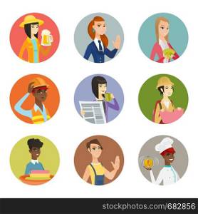 Farmer drinking beer. Farmer with glass of beer. Young farmer holding mug of beer. Set of different professions. Set of vector flat design illustrations in the circle isolated on white background.. Vector set of characters of different professions.