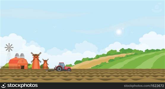 Farmer driving a tractor in farmed land and farmhouse with wind mill on rural farm landscape hill background. agriculture farmhouse vector illustration.
