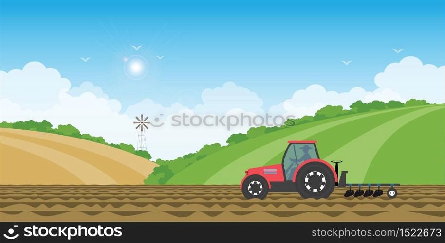 Farmer driving a tractor in farmed land on rural farm landscape hill background.vector illustration.