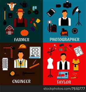 Farmer, engineer, photographer and tailor profession flat icons with agriculture, construction and design equipment or items. Farmer, engineer, photographer and tailor icons