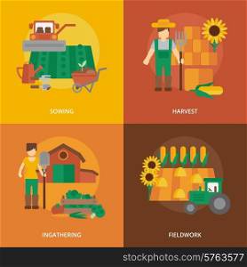 Farmer family business 4 flat icons composition of sowing fieldwork and harvesting flat abstract isolated vector illustration