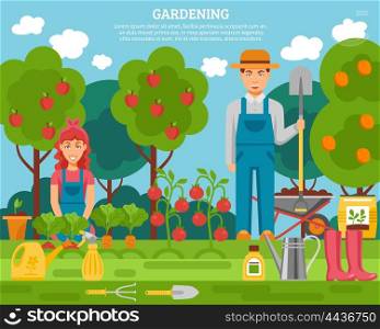 Farmer family concept colorful poster with growing fruits vegetables and gardening tools flat poste. Farmer family concept colorful poster with growing fruits vegetables and gardening tools flat poster abstract vector illustration