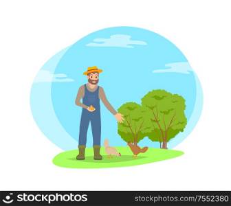 Farmer feeding chickens hens with cereals and wheat seeds. Tending domestic animals, farmer with food for fowls. Poultry breeding isolated vector. Farmer Feeding Chickens Hens Vector Illustration