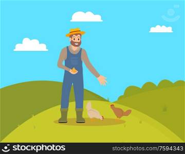 Farmer feeding domestic animals on farm cartoon vector banner. Bearded man in hat and uniform stand in field and feed hens with seeds, village theme. Farmer Feeding Domestic Animals on Farm Cartoon
