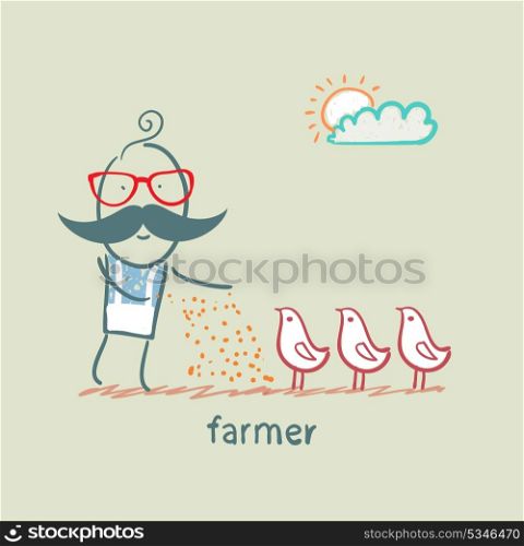 farmer feeds chickens