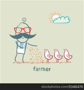 farmer feeds chickens