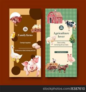 Farmer flyer design with cow, chicken, pig, duck watercolor illustration.  