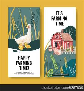 Farmer flyer design with duck, warehouse, pig watercolor illustration.  