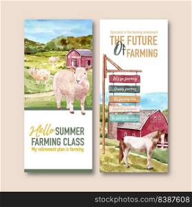 Farmer flyer design with sheep, horse watercolor illustration.  