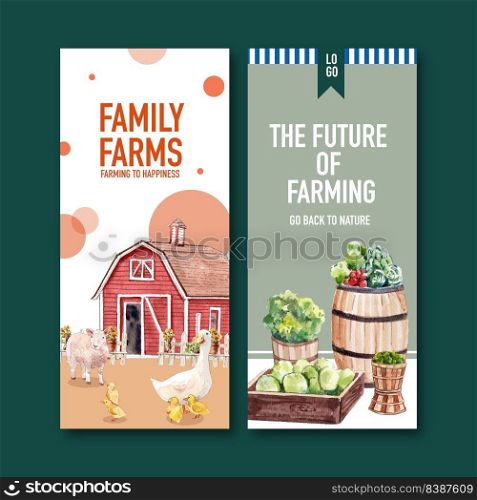 Farmer flyer design with warehouse, animal watercolor illustration.  
