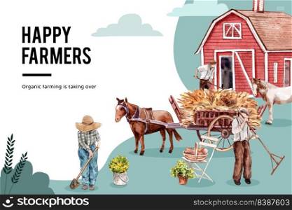 Farmer frame design with horse, warehouse watercolor illustration.  