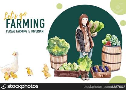 Farmer frame design with vegetable, women watercolor illustration.  