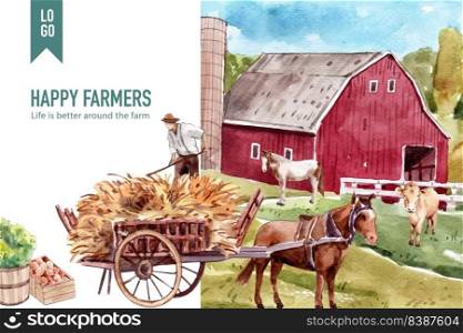 Farmer frame design with warehouse, horse watercolor illustration.  