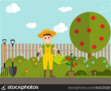 Farmer Gardener Man with Watering Can and Tomato Plant in Modern Flat Style Vector Illustration EPS10. Farmer Gardener Man with Watering Can and Tomato Plant in Modern