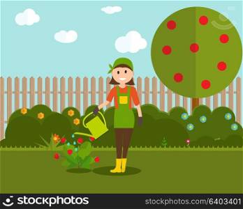 Farmer Gardener Woman with Watering Can and Strawberry Bush in Modern Flat Style Vector Illustration EPS10. Farmer Gardener Woman with Watering Can and Strawberry Bush in M