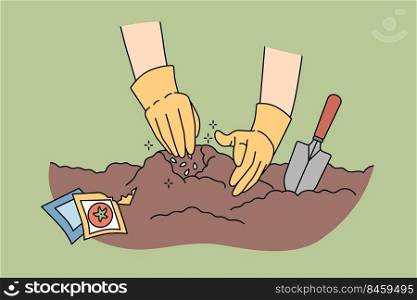 Farmer hands working in ground plating seedling in soil. Person gardener busy at garden with plants and horticulture. Agriculture and farming. Vector illustration.. Farmer hands working in soil