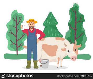 Farmer hold glass of milk from cow, fresh product. Domestic animal stand on ground on meadow or field. Village or countryside nature with spruces and trees. Vector illustration of livestock, cattle. Farmer Stand with Milk near Cow, Cattle Animal