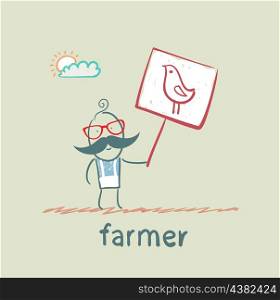 farmer holding a poster with chicken