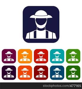 Farmer icons set vector illustration in flat style in colors red, blue, green, and other. Farmer icons set