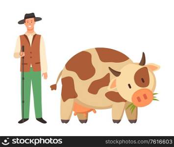 Farmer in hat and spotted cow isolated cartoon domesticated rustic animal with horns. Vector young bovine calf isolated, farming and agriculture concept. Farmer in Hat and Spotted Cow Cartoon Domestic