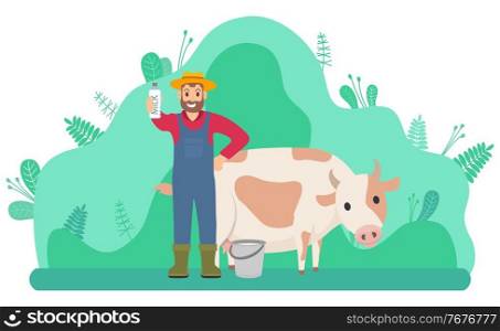 Farmer in overalls, hat and rubber boots is standing in a green meadow near a white spotted cow and holding in his hand a bottle of milk. Agriculture rural landscape, dairy theme and farm production. Farm worker is standing near the cow in a meadow and holding a bottle of milk. Farm production