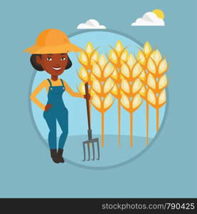 Farmer in summer hat standing with a pitchfork on the background of wheat field. Farmer working with pitchfork in wheat field. Vector flat design illustration in the circle isolated on background.. Farmer with pitchfork vector illustration.