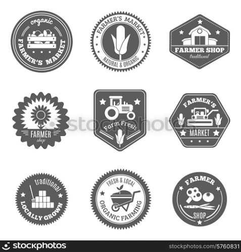 Farmer label black set with natural organic market products isolated vector illustration