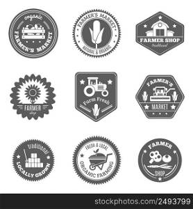 Farmer label black set with natural organic market products isolated vector illustration. Farmer Label Set