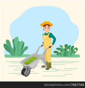 Farmer load and carry wheelbarrow with grass for preparing hay. Rustic equipment, cart for garden and field. Countryside or ranch nature with greenery. Vector illustration of farming in flat style. Farmer Carry Wheelbarrow with Grass, Work on Field