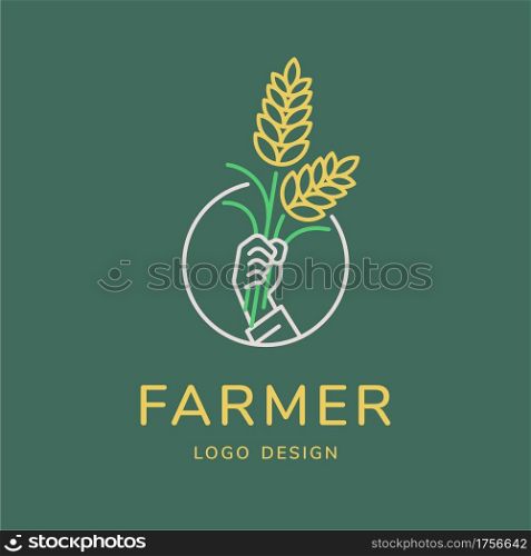 Farmer logo, hand with rice vector illustration for agricultural concept. Minimal thin line style.