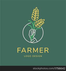 Farmer logo, hand with rice vector illustration for agricultural concept. Minimal thin line style.
