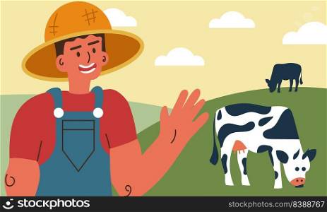 Farmer man and cow farm countryside landscape. Dairy and milk with animal cartoon cattle vector illustration. Character people and meadow village ranch. Summer harvest and farming work business rural