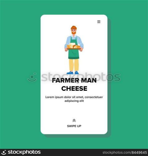 farmer man cheese vector. farm dairy, holding food, young worker farmer man cheese web flat cartoon illustration. farmer man cheese vector