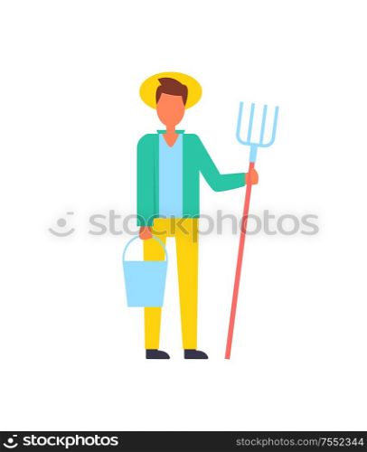 Farmer man living in rural area wearing hat and carrying bucket with hay-fork. Professional farming person in countryside. Occupation agronomist vector. Farmer Man Lives in Rural Area Vector Illustration