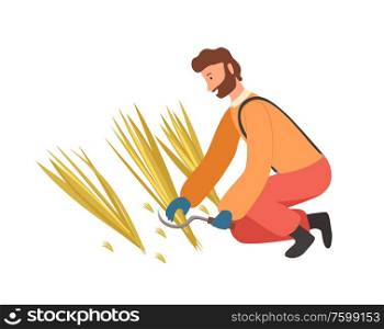 Farmer man mowing wheat by scythe, agricultural season work on field, worker character cutting straw, male wearing gloves and working clothes vector. Agricultural Worker Cutting Straw by Scythe Vector