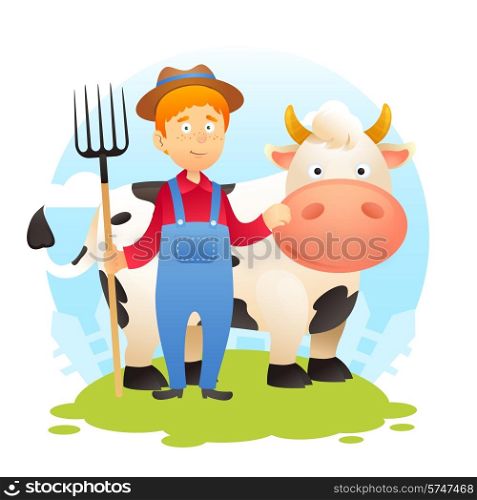 Farmer man with pitchfork and cow in a garden background vector illustration