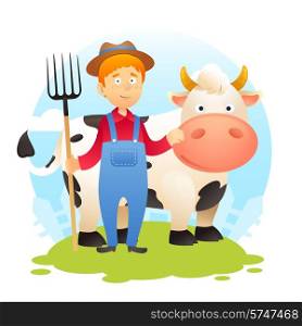 Farmer man with pitchfork and cow in a garden background vector illustration